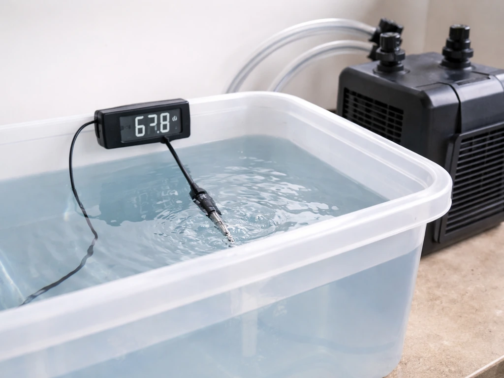 Close-up of a nutrient reservoir with thermometer reading and small aquarium chiller in a clean grow setup.