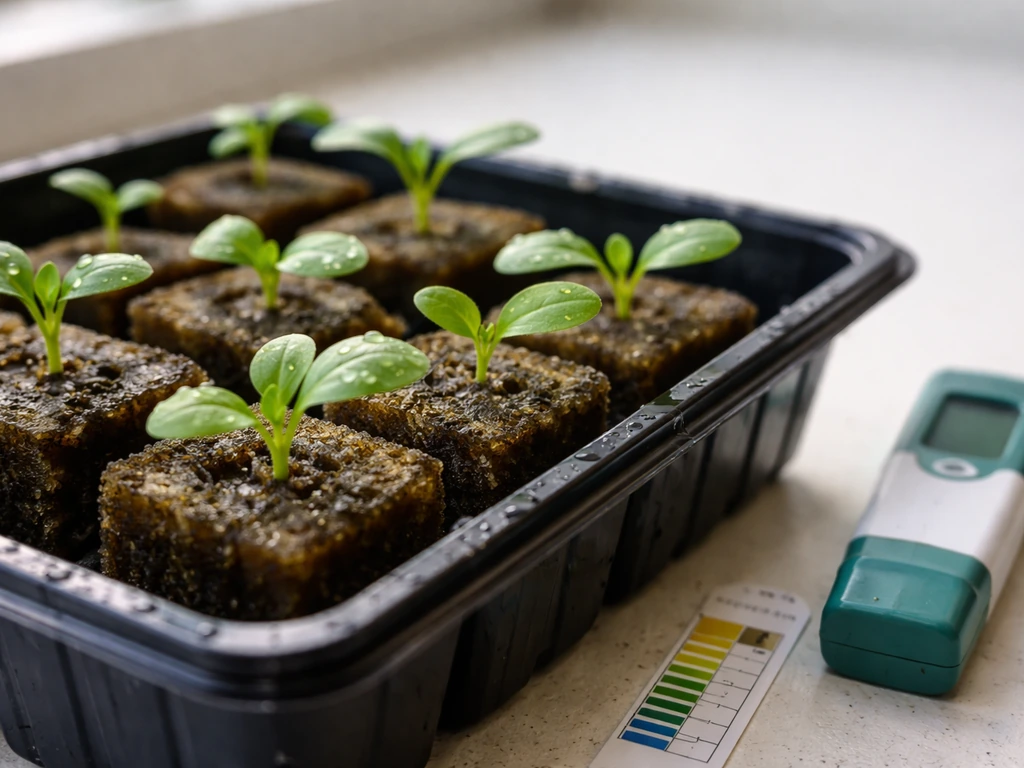 Close-up of young seedlings with first true leaves in a propagation tray beside a pH/EC test strip and meter.