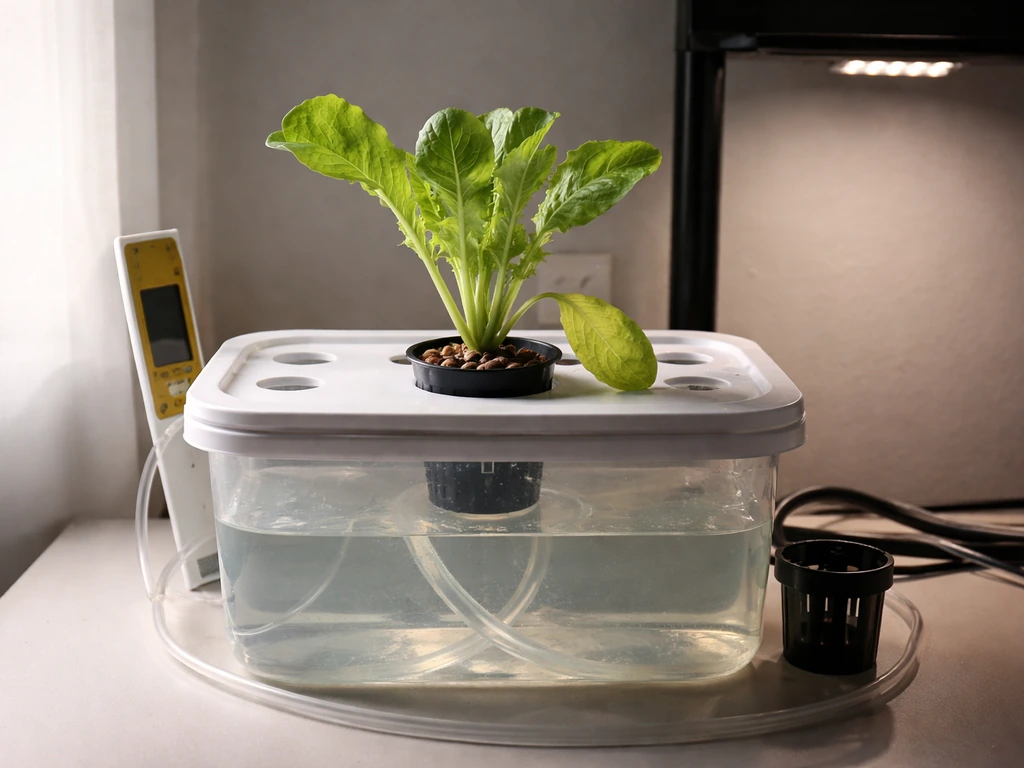 Minimal hydroponic setup showing a pH/EC meter near a reservoir and an underlit grow area.