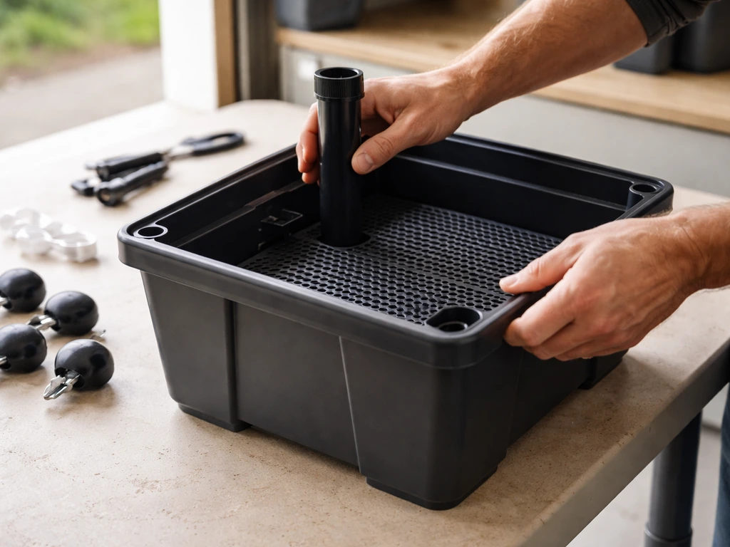 Anonymous hands fitting the fill tube and aeration screen onto a grow box, parts laid out on a workbench.
