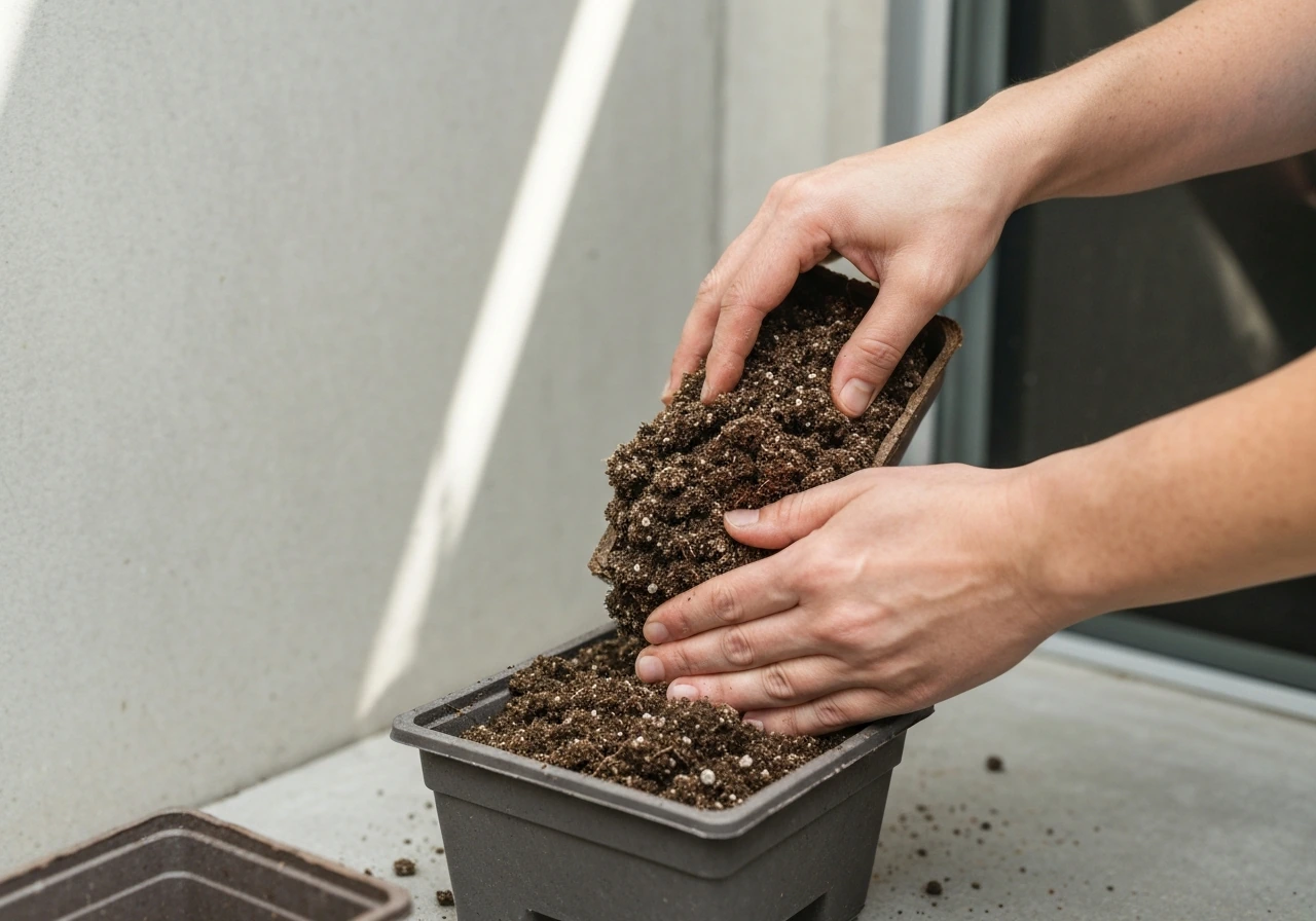 Hands pouring and packing peat moss and perlite potting mix into a container.
