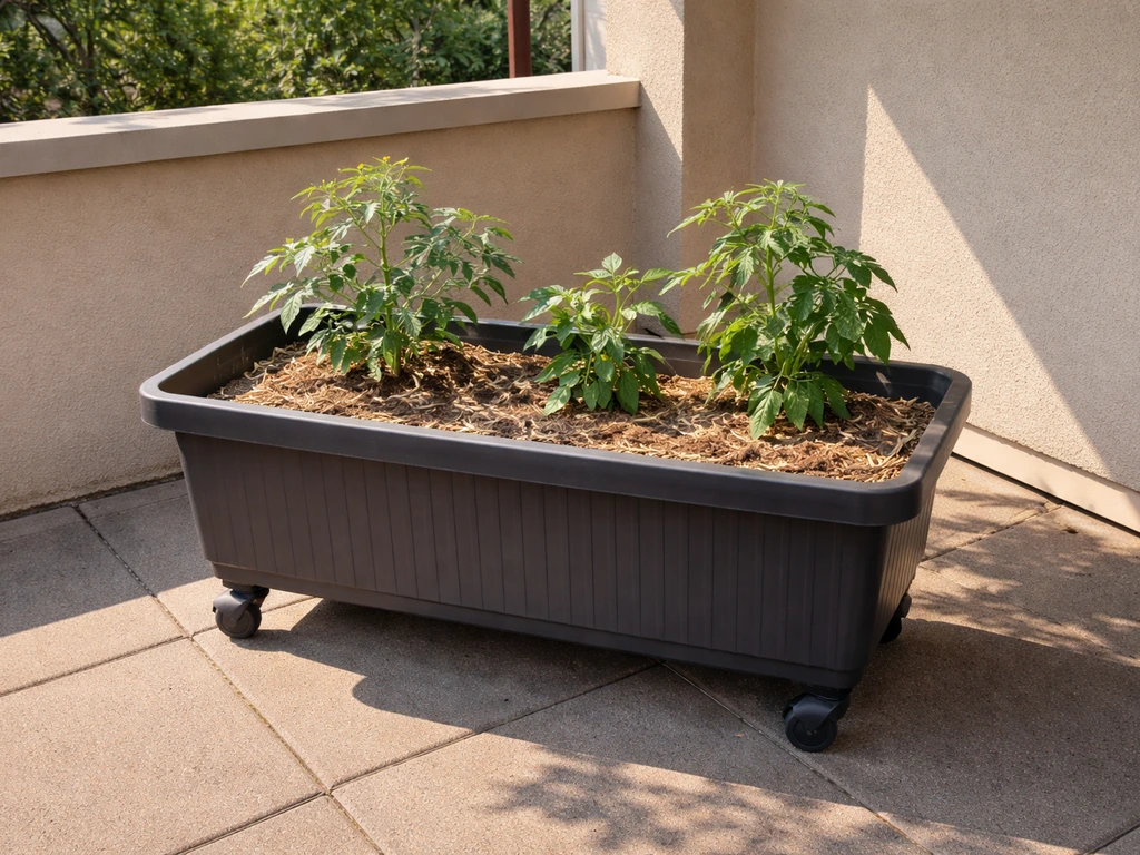 Grow box with tomato and pepper plants on a sunlit patio edge, showing partial shade balance.