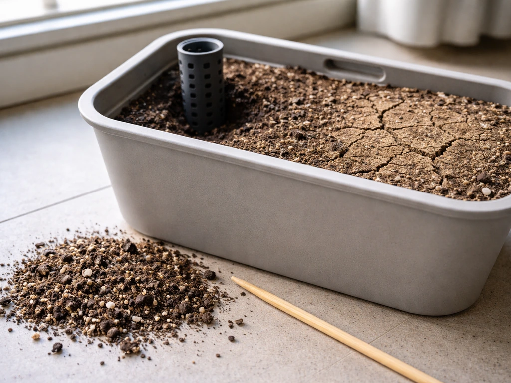 Dry top soil in a self-watering planter near a wicking column, with packing tools and potting mix nearby.