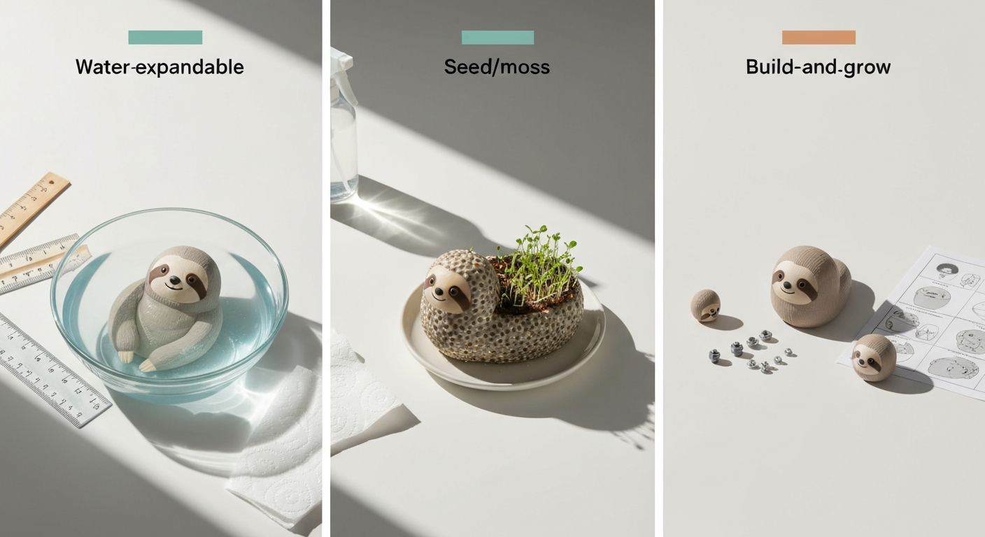Three grow-a-sloth kit types side-by-side: a sloth soaking in a bowl of water, a seeded sloth planter with green sprouts, and an unassembled build-and-grow kit with parts and instructions.