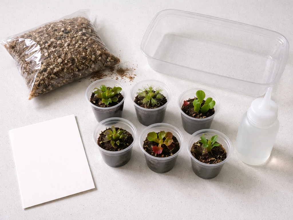 Top-down view of a carnivorous plant grow kit with tiny potted plants, soil mix, tray, and watering bottle.