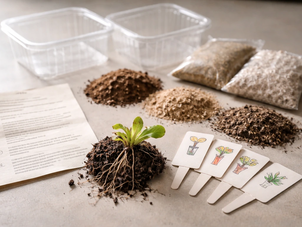 Plant kit contents laid out on a table: trays, plant mix, instruction sheet, and bare-root plants.