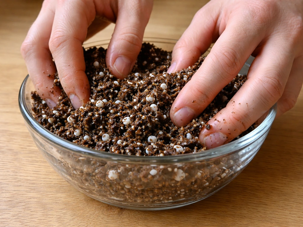 Hands mixing sphagnum peat moss and perlite in a small bowl, moistened with water drops