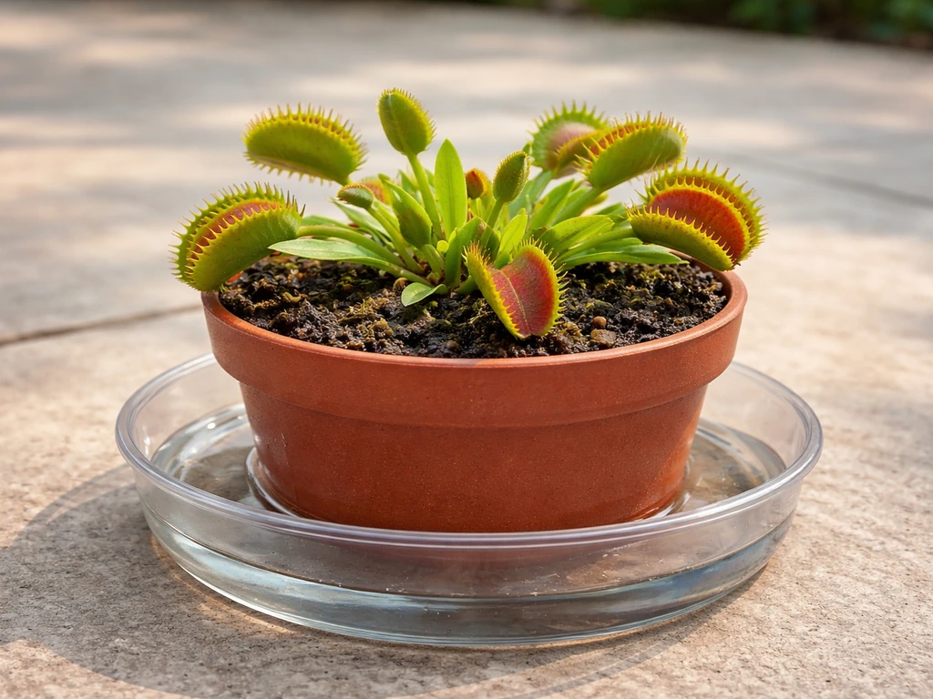 Potted carnivorous plant in shallow saucer with low water level, photographed in bright outdoor light.