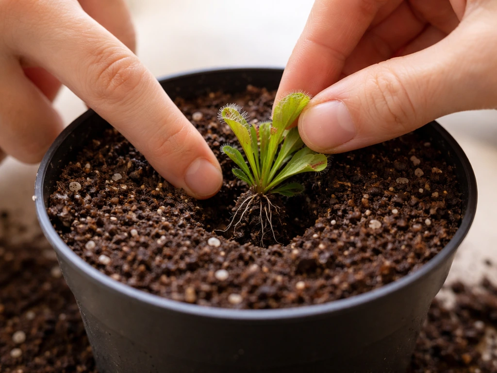 Hands placing a small carnivorous plant into a pre-moistened pot, crown at soil level.