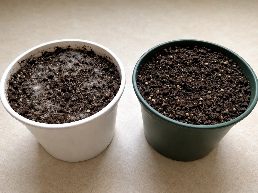 Two soil containers side-by-side: one with surface mold and wet soil, one with healthier drier soil.
