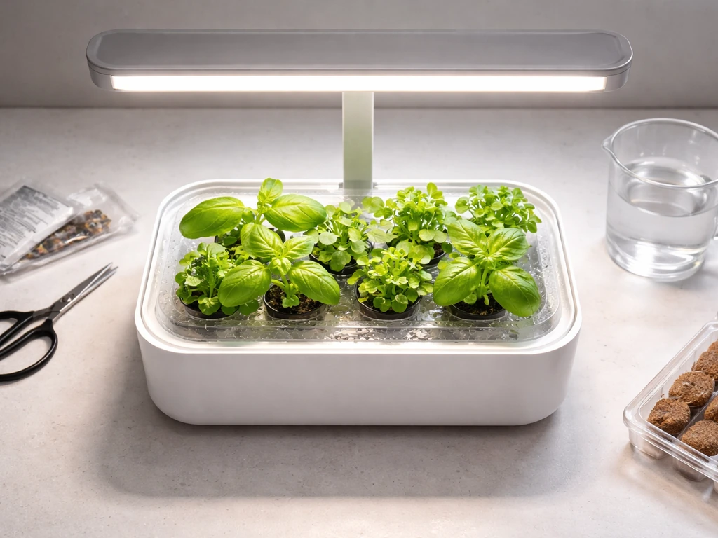 Top-down view of an indoor grow kit with fresh herb seedlings under a grow light on a base.