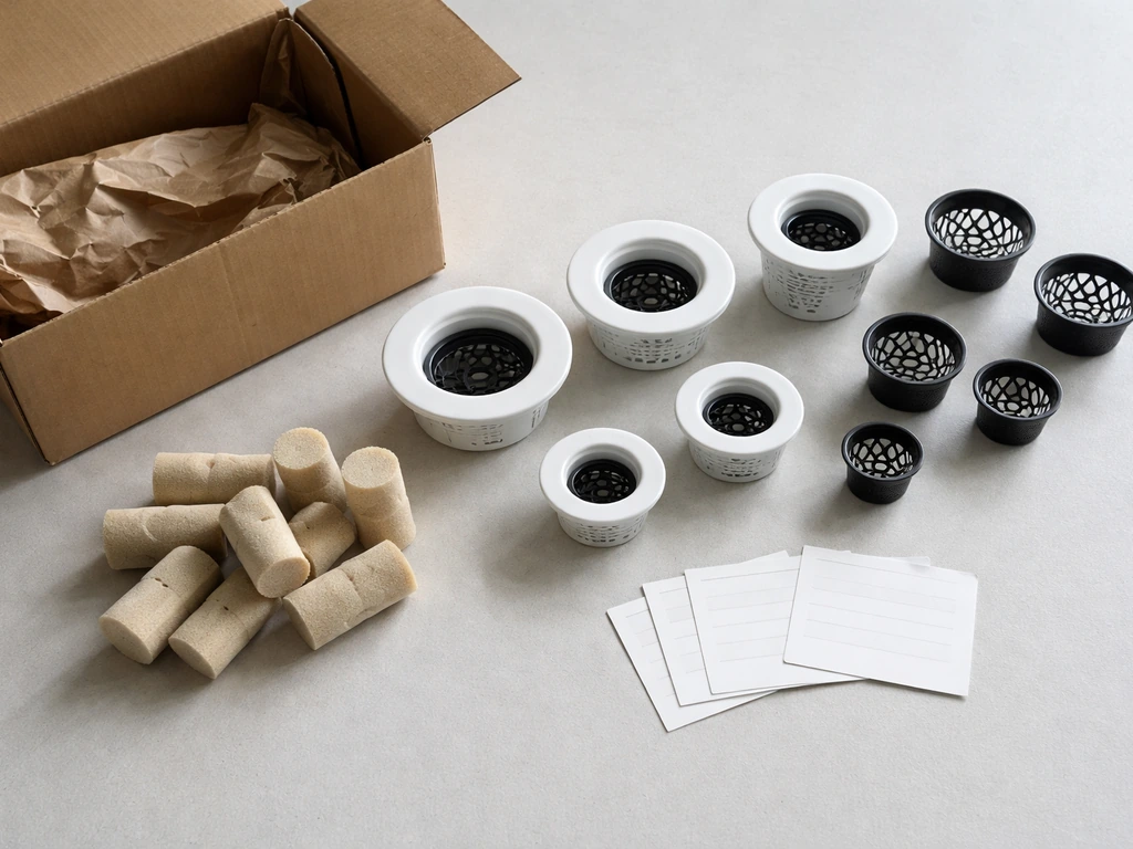 Grow Anything pod kit components laid out: grow sponges, baskets, and blank labels in a minimal box setting