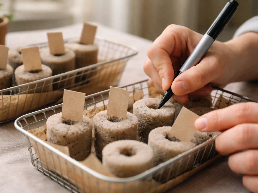 Close-up of hands writing seed pod labels on grow sponges in small baskets, ready for planting