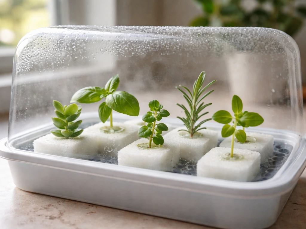 Close-up of succulent and herb cuttings in saturated sponges under a clear humidity cover.