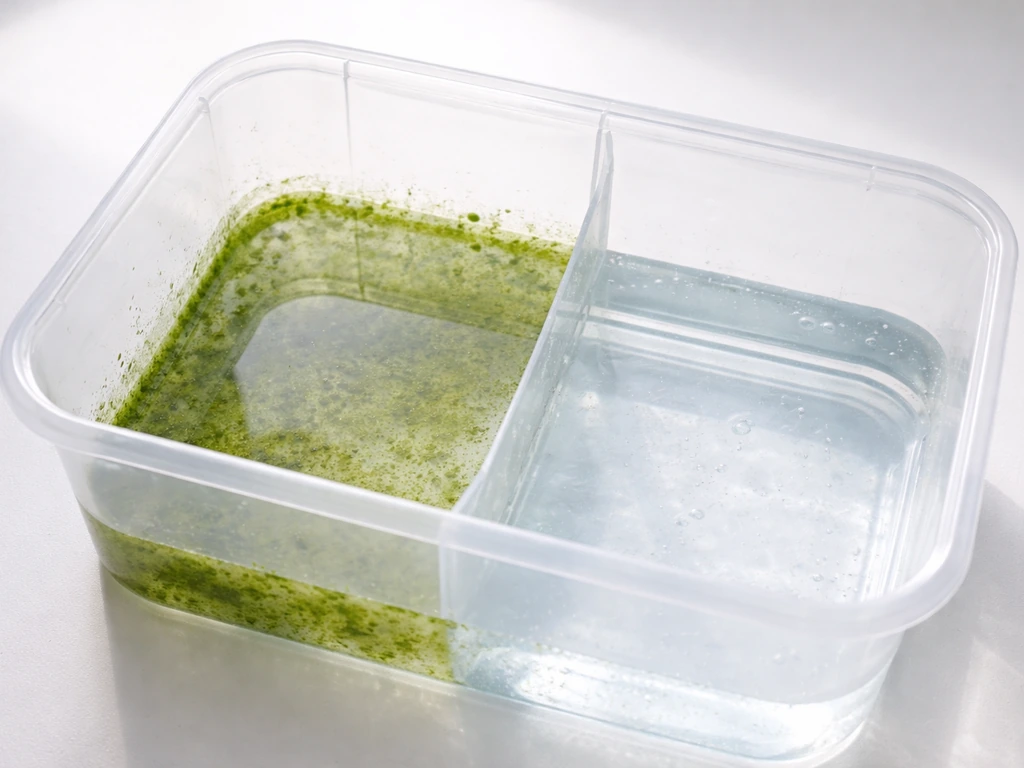 Close-up of a reservoir showing early green algae film on one side and clean water on the other.