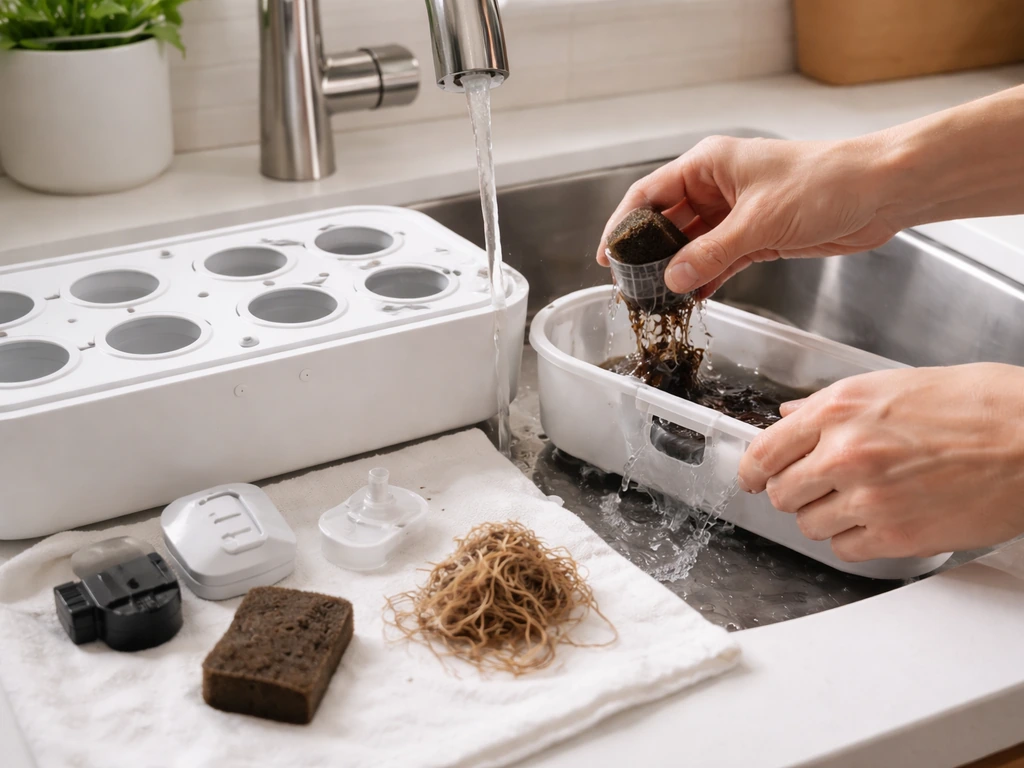 Hands cleaning a grow-basket system between cycles, with used pod, sponge, and drained parts on a cloth.