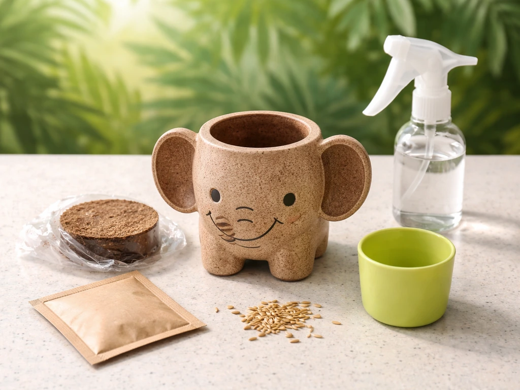 Top-down view of an animal-shaped jungle grass grow kit: planter, soil pellet, seeds packet, spray bottle, watering cup.