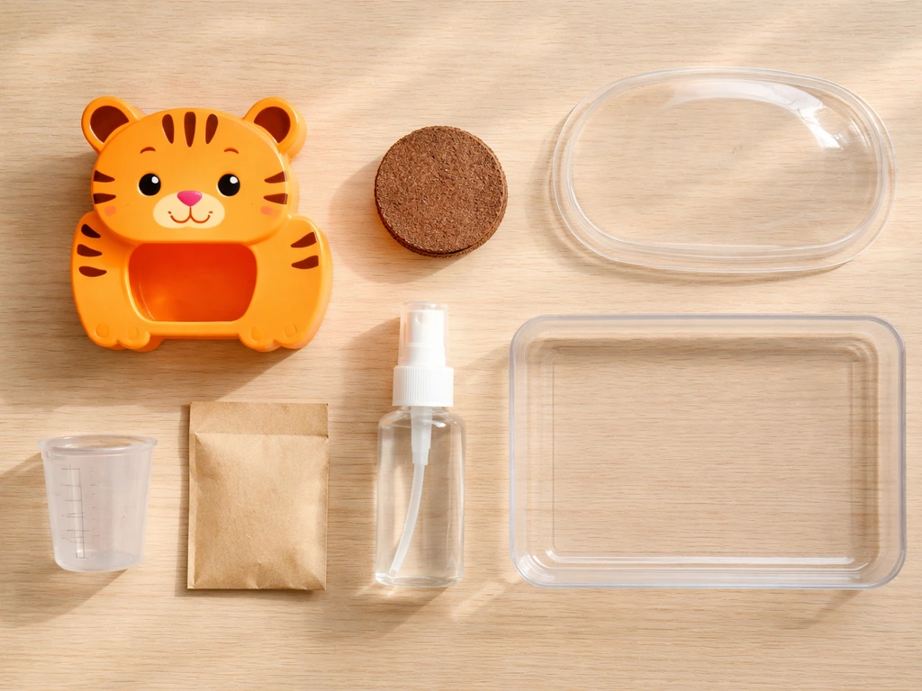 Top-down layout of a jungle animal grass grow kit components on a light wood table.