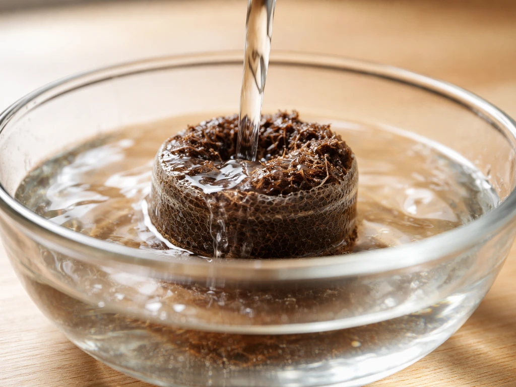 Dark compressed soil pellet in a clear bowl, hydrating and expanding in lukewarm water.