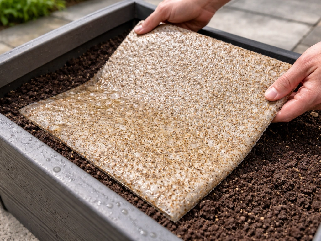 Hands place a pre-seeded grass mat into a planter while it’s uniformly soaked and damp.