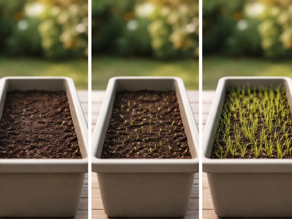 Rectangular planter showing grass germination stages: bare soil, tiny sprouts, then thicker early blades.