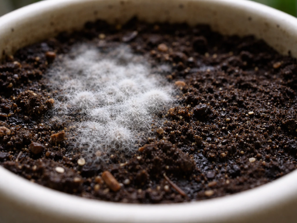 Close-up of white fuzzy mold on potting soil surface with nearby healthier soil in the background.