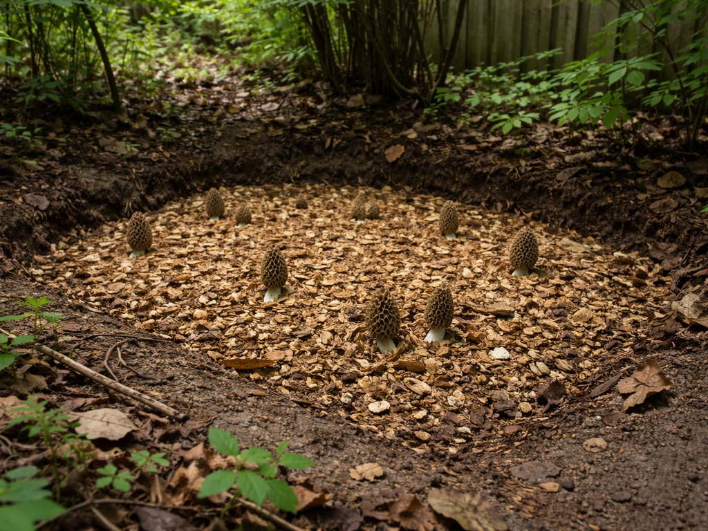 Shaded outdoor substrate bed for a morel grow kit made of leaf litter and wood chips.