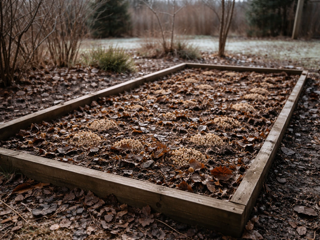 Outdoor morel grow kit bed covered with mulch and leaf litter in late-fall/early-spring weather.