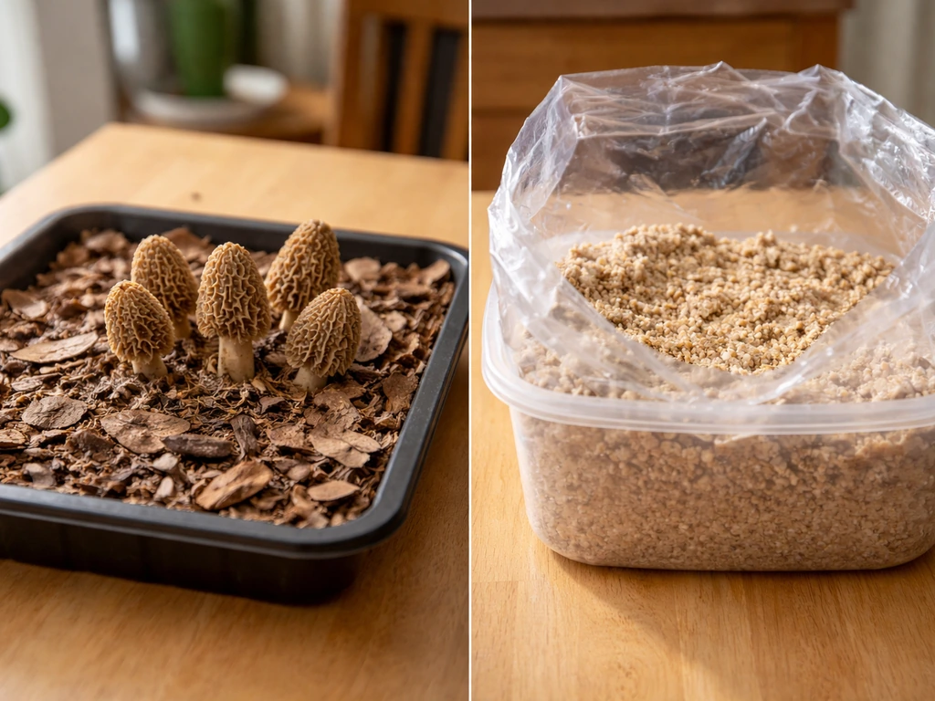 Close-up comparison of outdoor wood-chip leaf litter and an indoor substrate kit tub with inner bag.