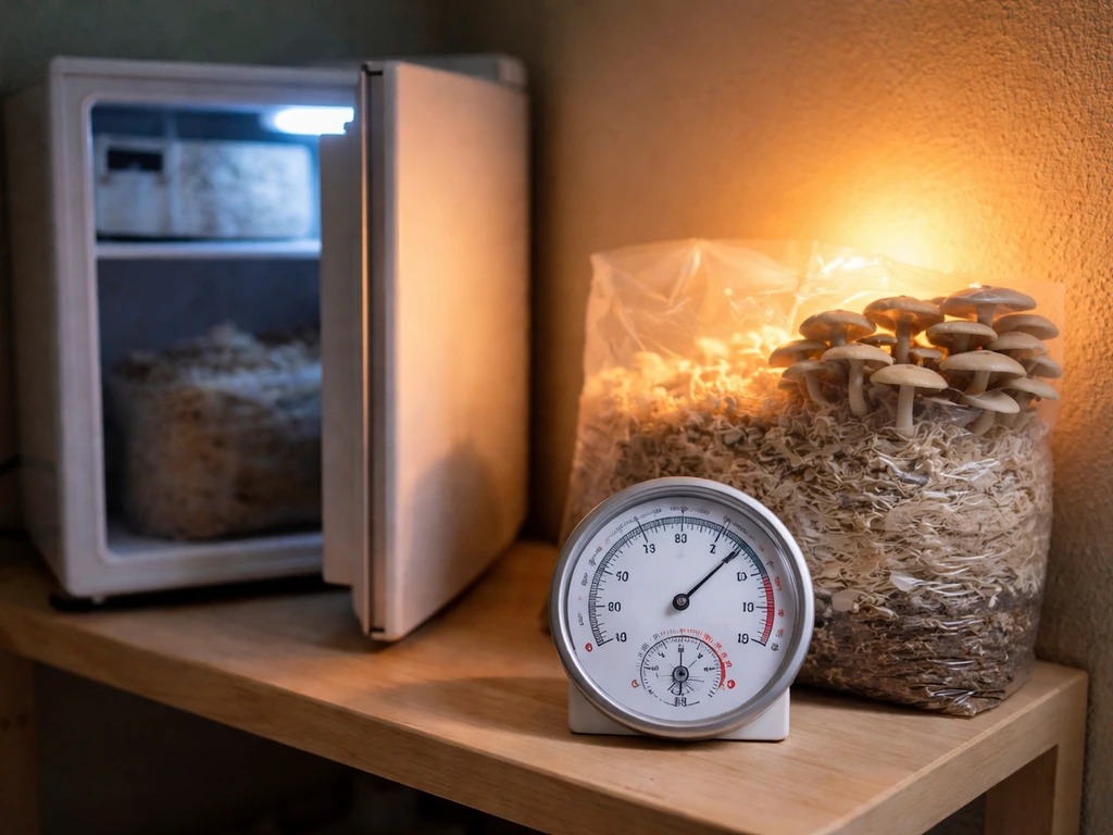 Indoor mushroom grow area showing a thermometer/humidity gauge and a cold-to-warm fridge transition setup.