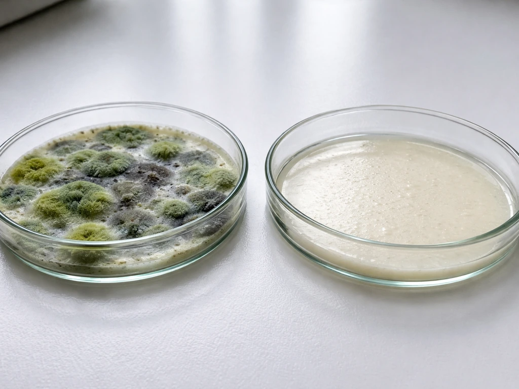 Close-up of a petri dish with green and black mold over a contaminated substrate next to a clean, uncolonized control.