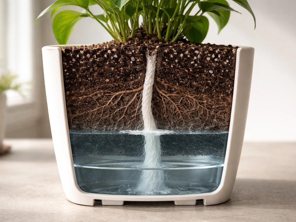 Cross-section of a self-watering planter with a wick drawing water into the soil media.