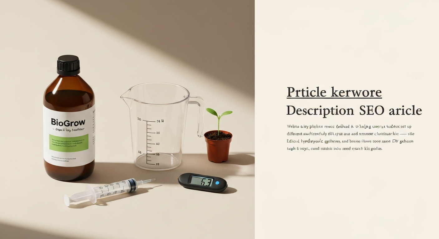 Hero image: bottle labeled 'Bio·Grow' with measuring jug, 5 ml syringe, pH pen reading 6.3, and a healthy seedling on a clean neutral background.