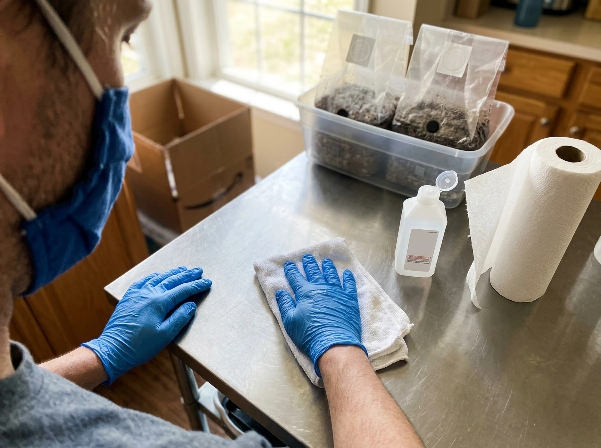 Sanitizing a work surface with isopropyl alcohol before opening a grow bag kit